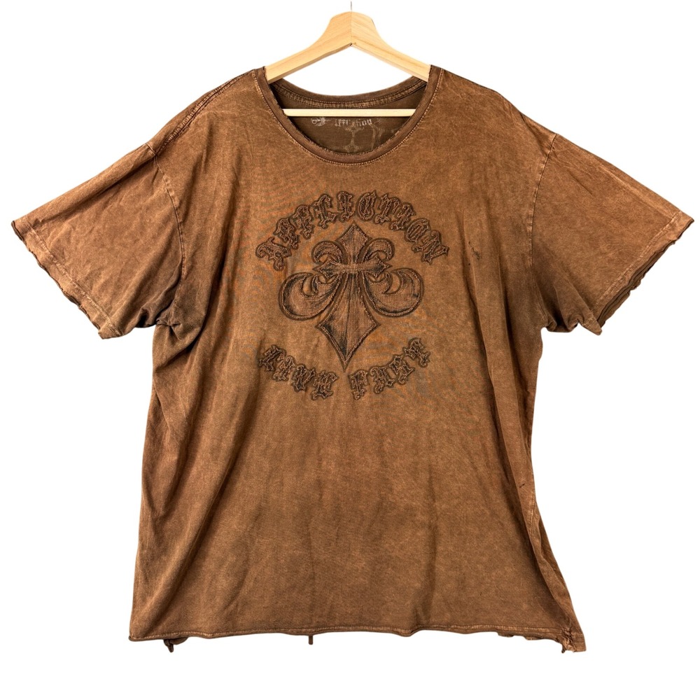 Affliction Mens Brown Acid Wash Graphic T-Shirt Live Fast Fleur De Lis Skulls XL